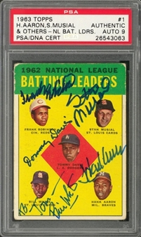 1963 Topps #1 "1962 National League Batting Leaders" Multi-Signed Card – Signed by All Three HOF Players – PSA/DNA MINT 9